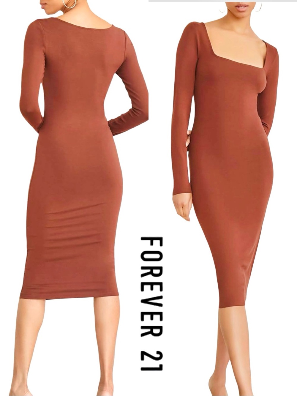Forever 21 Rust-Brown Long Sleeve Square Neck Midi Dress